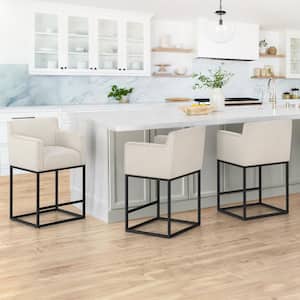 Luna 26 in. Linen Fabric Upholstered Counter Bar Stool with Black Metal Frame Square Counter Stool Set of 3