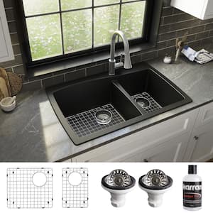Black Quartz Composite 34 in. 60/40 Double Bowl Drop-In Kitchen Sink with Bottom Grids and Strainers