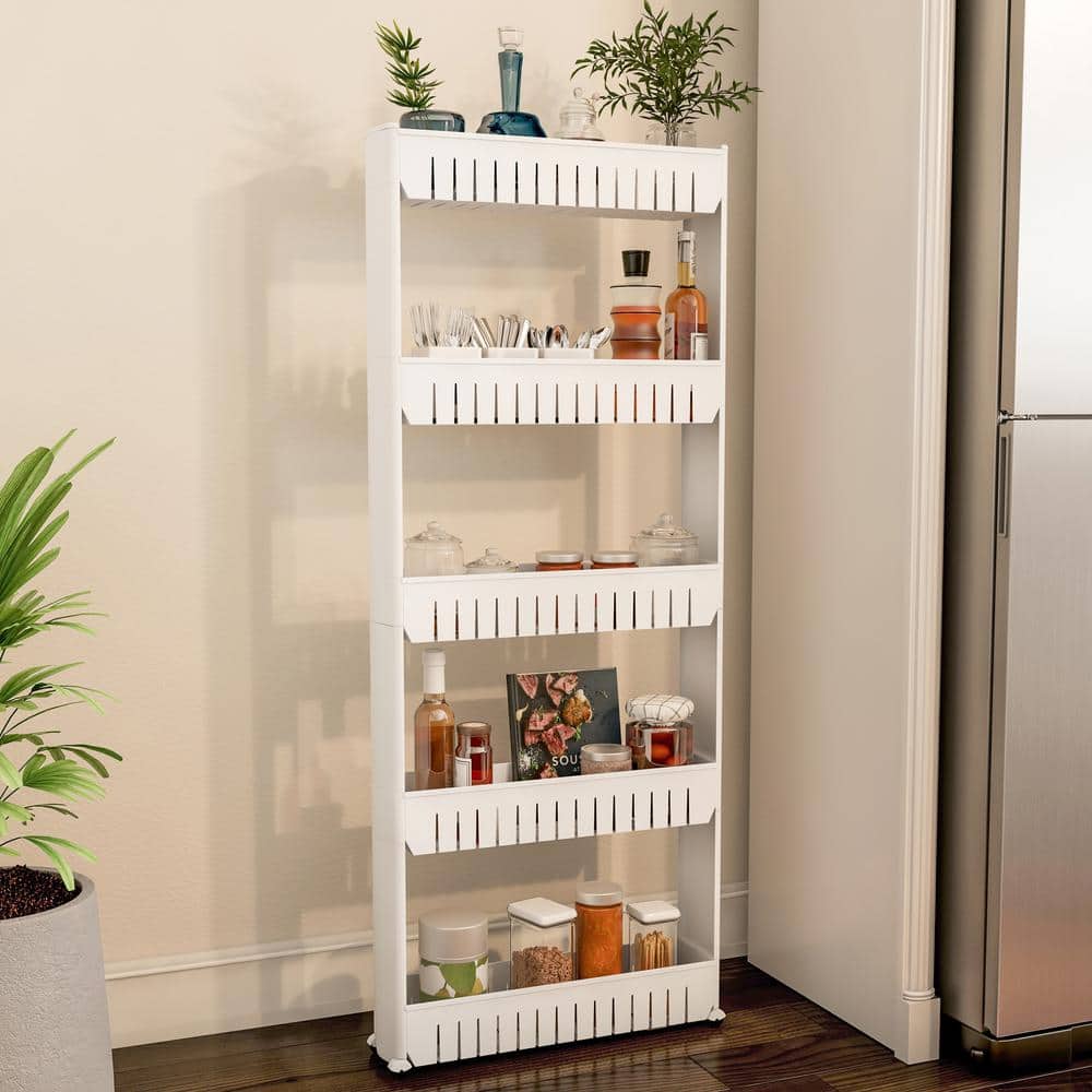 Slim White 5-Tier Slide Out Storage Tower with Wheels