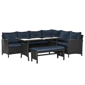 4-Piece Metal Modern Outdoor Rattan Wicker Patio Conversation Set with Dining Table Bench & Sofa Dark Coffee