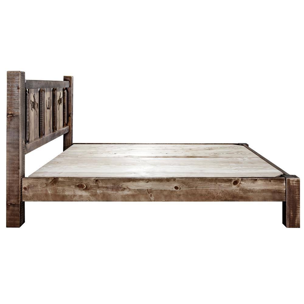 Rustic Full Pine Platform Bed with Laser Engraved Bronc Headboard
