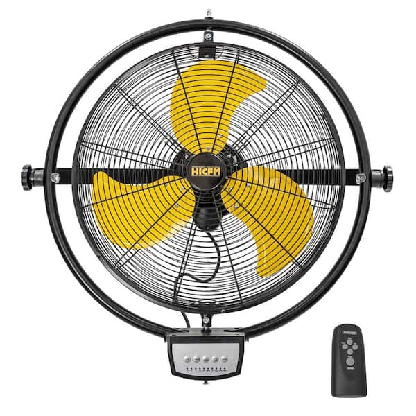 HICFM 20 in. Yellow 5000 CFM Orbital Remote Wall Mounted Fan, 1/5 HP Motor, Timer, Tilt, Oscillating, 3-Speed, UL Listed