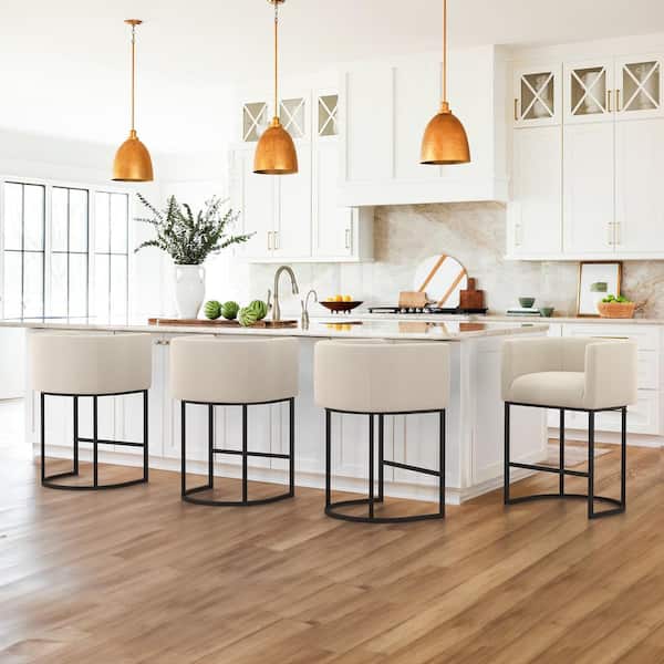 26 in.Cream and Black Low Back Bar Stool with Metal Frame Counter Height Linen Fabric Counter Stool (Set of 4)