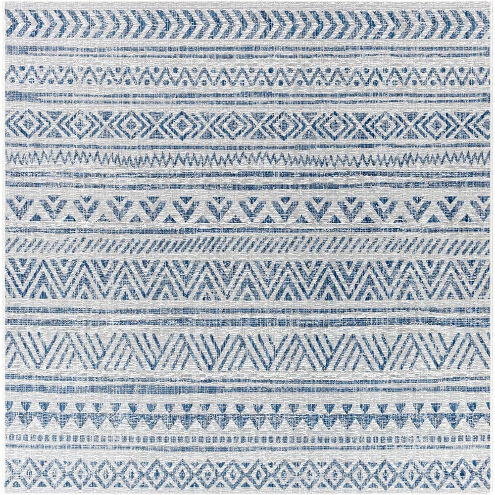 Coastal Charm Blue and White 79" Square Outdoor Area Rug