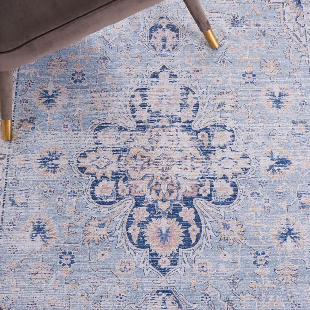 Tucson Light Blue/Navy Rectangular Machine Washable Area Rug