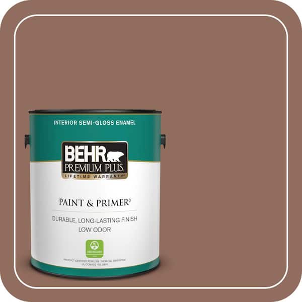BEHR PREMIUM PLUS 1 gal. #220F-6 Chocolate Curl Semi-Gloss Enamel Low Odor Interior Paint & Primer