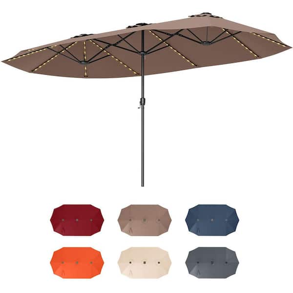 15.5 ft. Steel Extra-Large Market Patio Umbrella in Coffee with LED Solar Lights and Crank Handle(Stand Not Included)