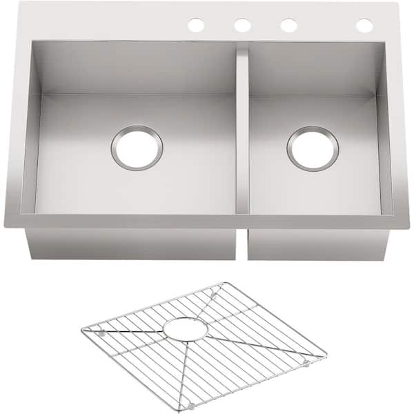 KOHLER Vault Dual Mount Stainless Steel 33 in. 4-Hole Offset Double Bowl Kitchen Sink Kit with Basin Rack