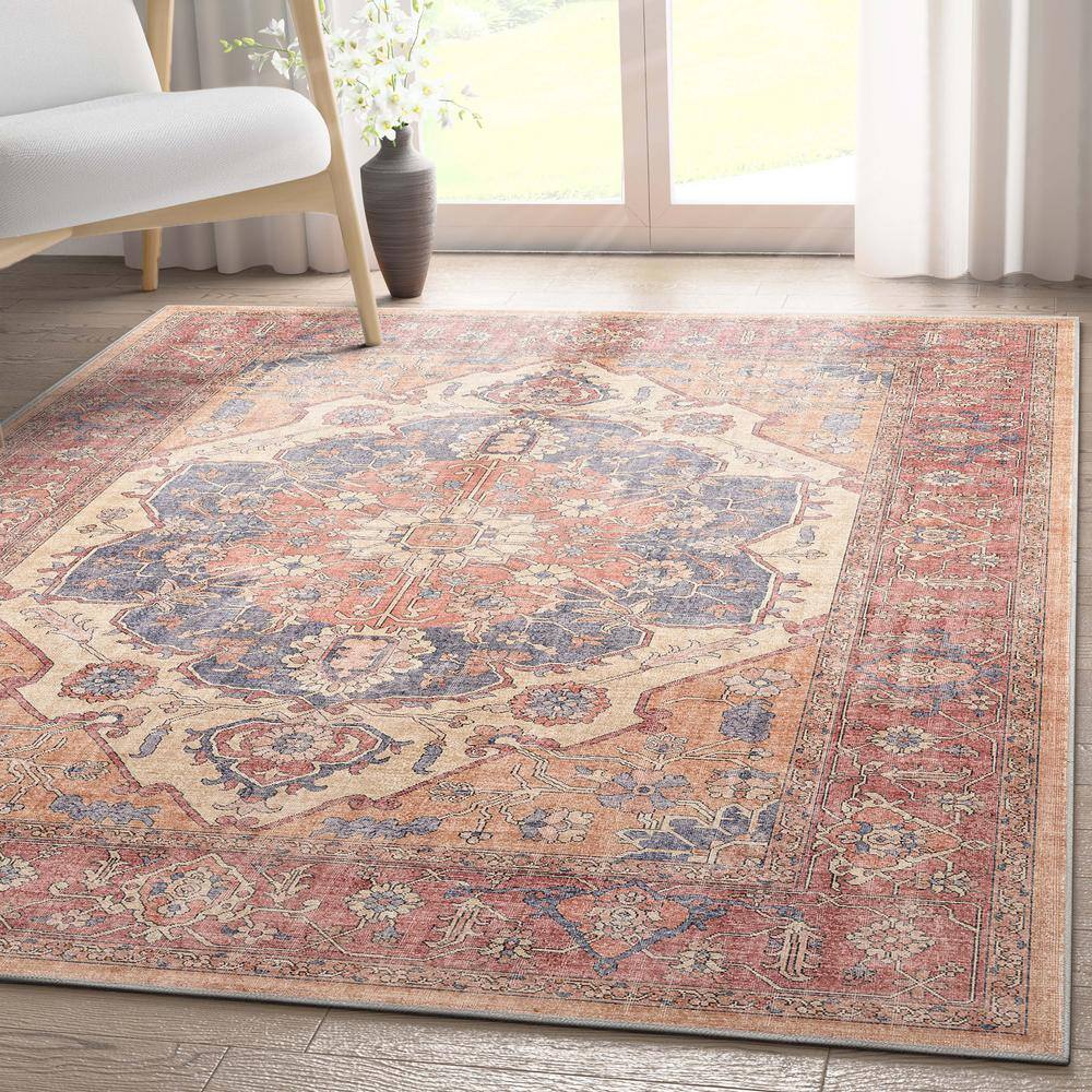 Apollo Antigua Vintage Red and Blue Chenille Area Rug 3'3" x 5'