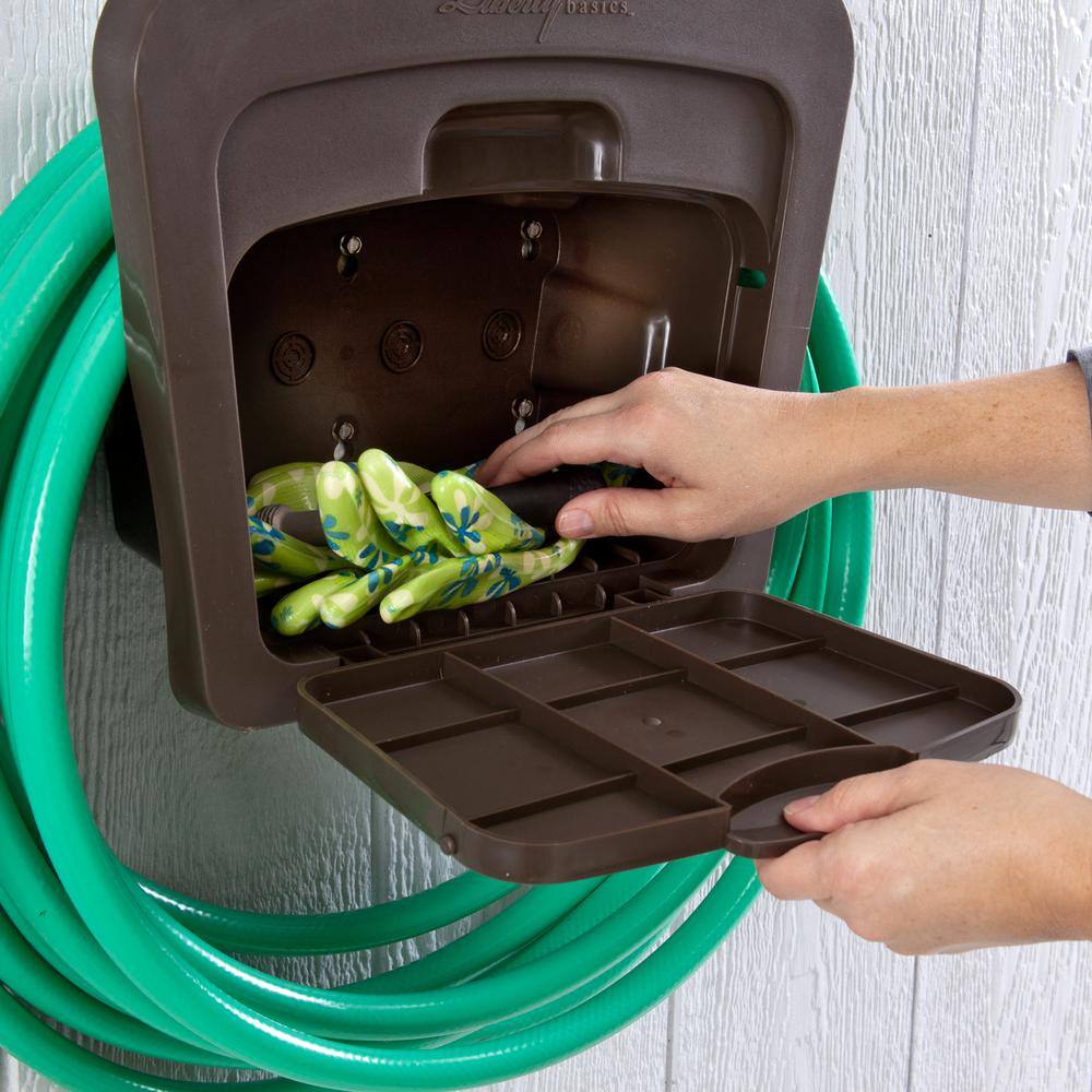 Brown Molded Plastic Wall Mounted Hose Holder with Storage Compartment