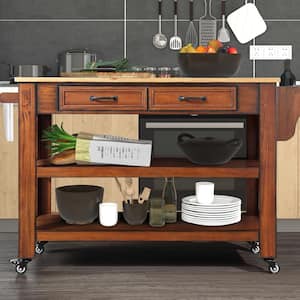 Walnut MDF Kitchen Cart with Solid Oak Wood Top and 2 Drawers