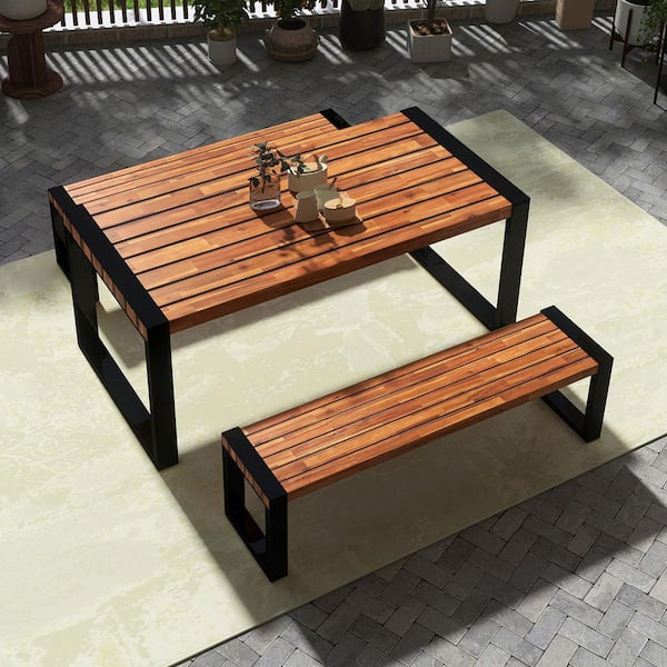 3-Piece Wood Outdoor Dining Set with 2 Benches