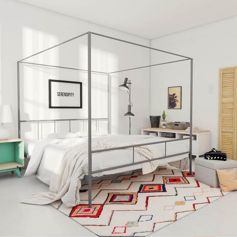 King Size Dark Gray Metal Canopy Platform Bed with Headboard