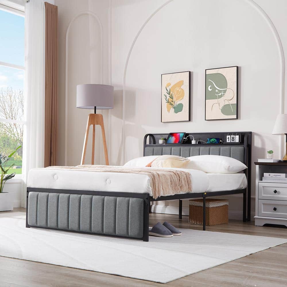 Queen Bed Frame, Black Metal Frame Platform Bed Upholstered Headboard with Storage Charging Station, Sturdy Metal Slats - thumbnail 4