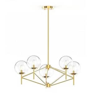 5-Light Gold Globe Chandelier with Clear Glass Shade, Island Hanging Light Fixture