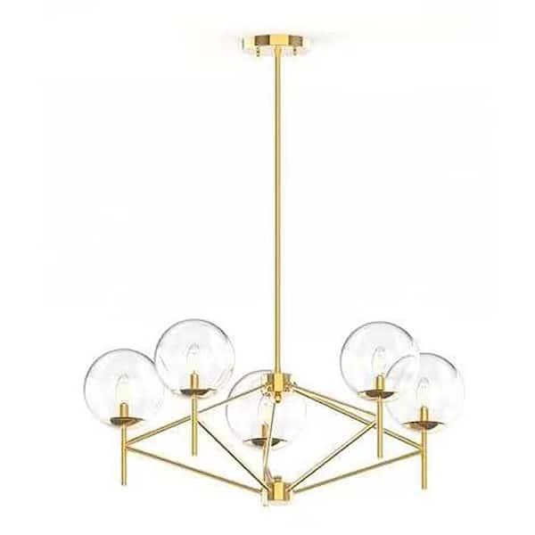 Edvivi 5-Light Gold Globe Chandelier with Clear Glass Shade, Island Hanging Light Fixture
