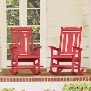 All Weather Resistant Outdoor Indoor Plastic Patio Outdoor Rocking Chair in Red (Set of 2)