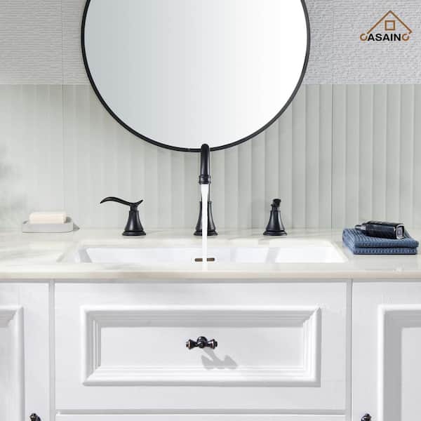 8 in. Widespread Double Handle Bathroom Sink Faucet with 360° Swivel Spout, Stainless Steel Drain Kit in Matte Black