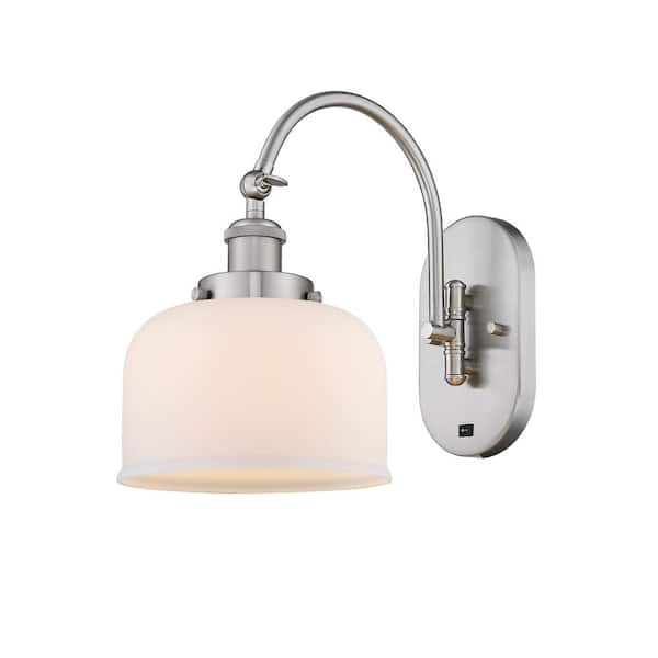 Innovations Bell 1-Light Brushed Satin Nickel, Matte White Wall Sconce with White Glass Shade