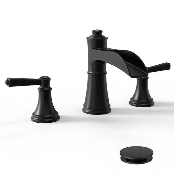 Waterfall 8 in. Widespread Double-Handle Black Bathroom Faucet Set 3-Holes Vanity Sink with Metal Drain in Matte Black