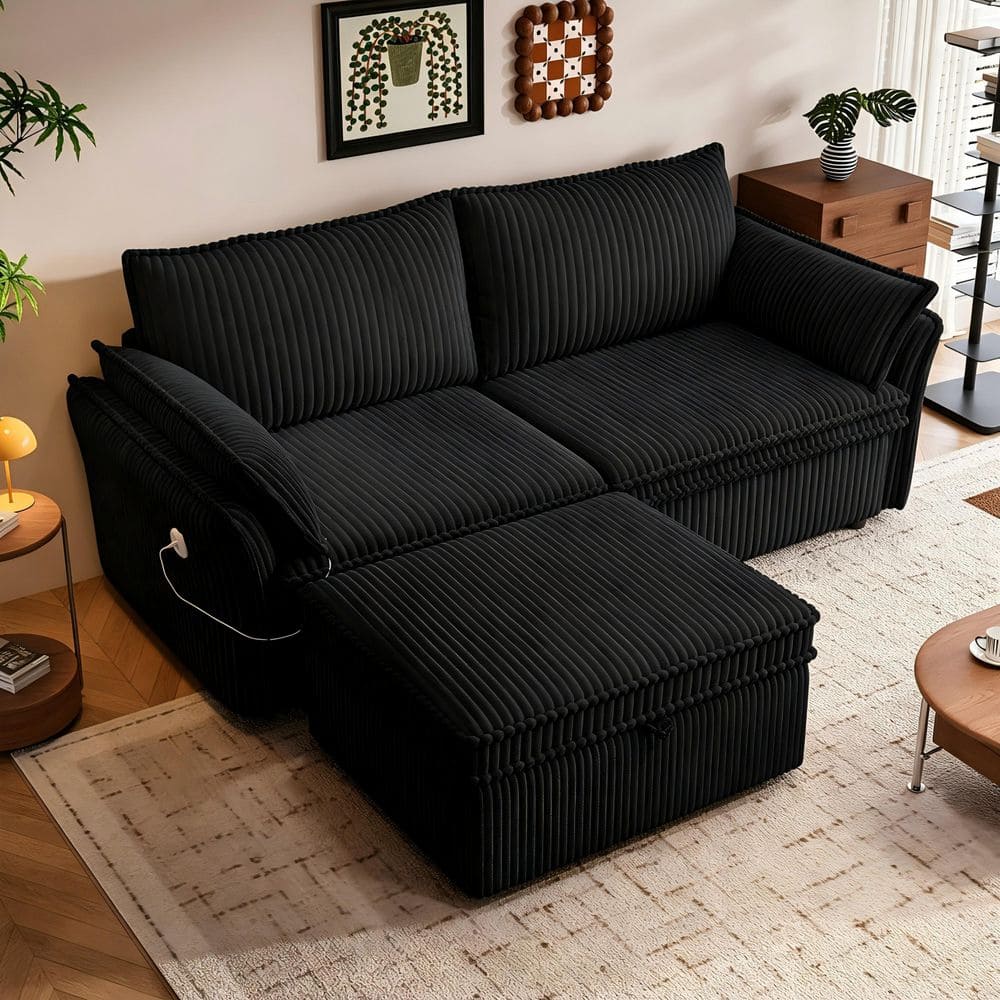 Tero Modern 85 in. Black Corduroy Fabric Upholstered Queen Size Convertible Sofa Bed with Storage Ottoman price history on PriceWatchPro