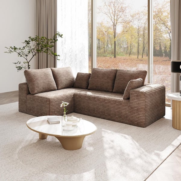 134 in. Square Arm 2-Piece Corduroy L-Shaped Modular Boneless Sectional Sofa with Chaise Longue, Pillows in. Brown