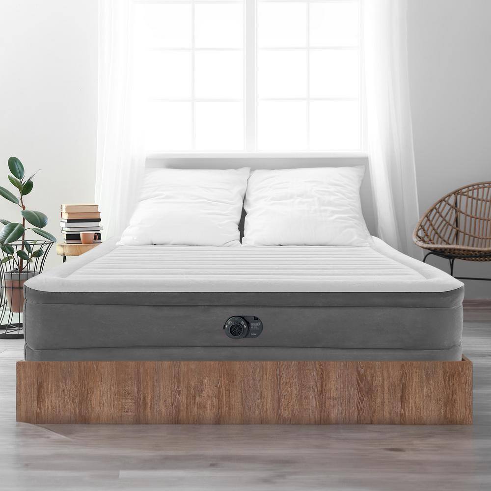 King Size Gray and White Raised Air Mattress with Built-In Pump