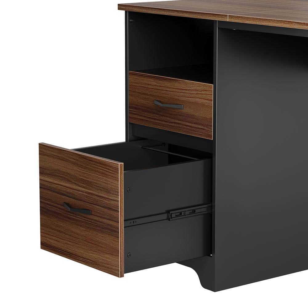Cherry Wood L-Shaped Gaming Desk with Drawers and Keyboard Tray
