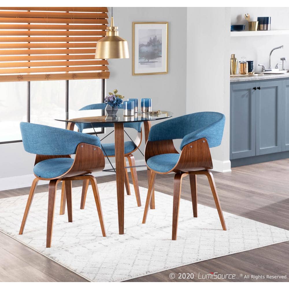 Set of 2 Blue Velvet Walnut Wood Upholstered Arm Chairs