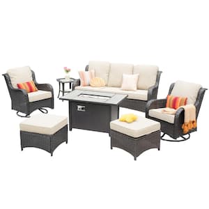 Amber 7-Piece Wicker Patio Rectangular Fire Pit Sets and Swivel Rocking Chairs with Beige Cushion