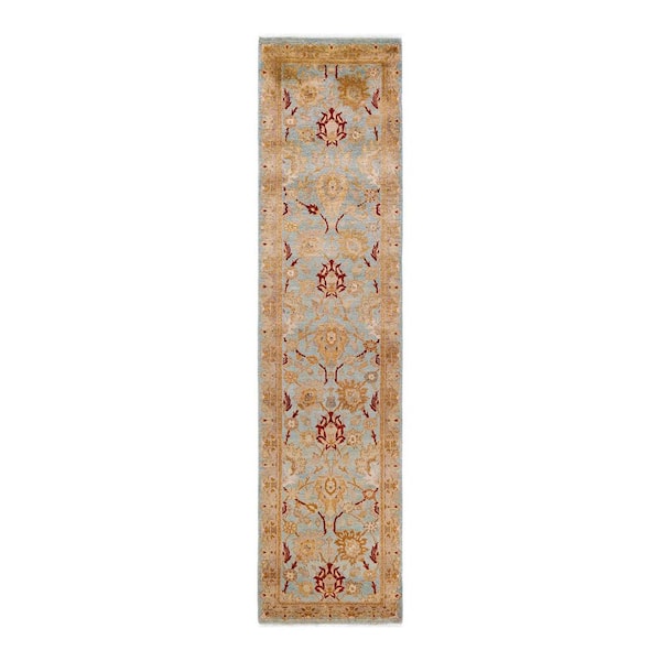 Solo Rugs One-of-a-Kind Contemporary Light Blue 2 ft. x 10 ft. Hand Knotted Floral Area Rug