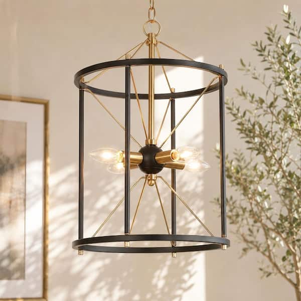 Zevni 12.5 in. 4-Light Modern Farmhouse Black and Brass Metal
