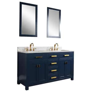 Madison 60 in. W Bath Vanity in Monarch Blue with Marble Vanity Top in Carrara White with White Basin(s)