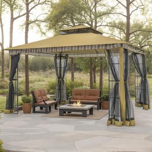11 ft. x 13 ft. Dark Beige Outdoor Canopy Gazebo with Netting, Double Roof Canopy Shelter with Corner Frame Shelves