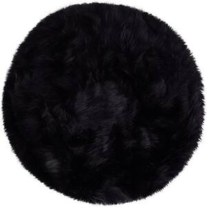 Silky Faux Fur Sheepskin Shag Black 6.6 ft. x 6.6 ft. Fluffy Fuzzy Round Area Rug