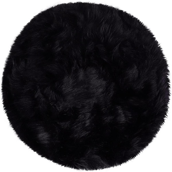 GHOUSE 4 ft. x 4 ft. Silky Faux Fur Sheepskin Shag Black Fluffy Fuzzy Round Area Rug