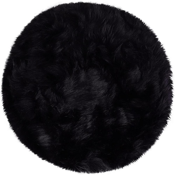GHOUSE Black 5 ft. x 5 ft. Silky Faux Fur Sheepskin Shag Fluffy Fuzzy Round Area Rug