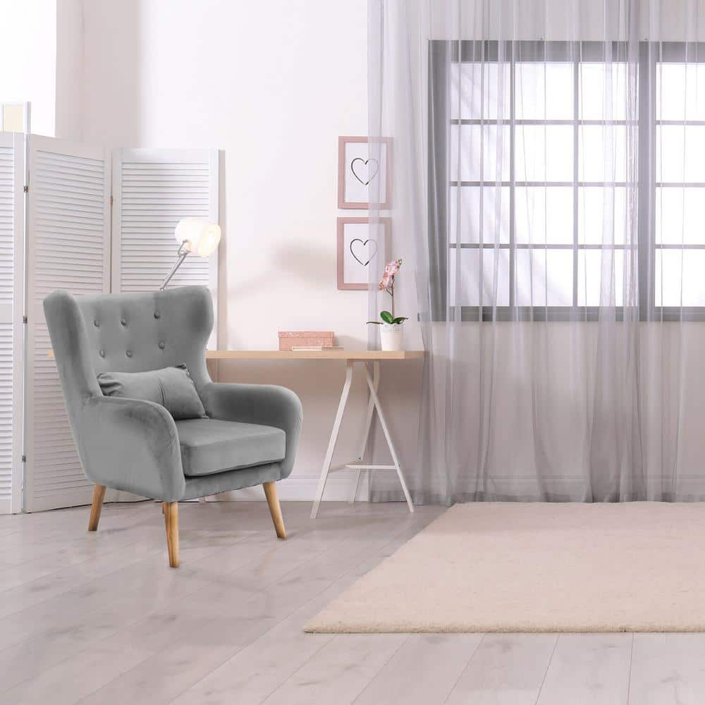 Elegant Gray Faux Velvet Wingback Accent Armchair with Wooden Legs