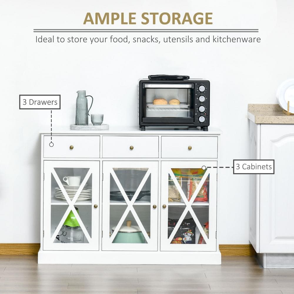 White Farmhouse Style Sideboard Buffet Cabinet with Glass Doors and Drawers
