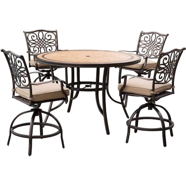 Hanover Monaco 5 Piece Aluminum Outdoor High Dining Set With Round Tile Top Table And Swivel Chairs Natural Oat Cushions Mondn5pcbr C The Home Depot Aluminum Outdoor High Dining Set, Stone Top Outdoor Table And Chairs