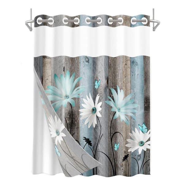 Unbranded Rustic Farmhouse Shower Curtain with Snap Fabric Liner Teal Daisy Flowers Layers See Through Top 71x74 Inch