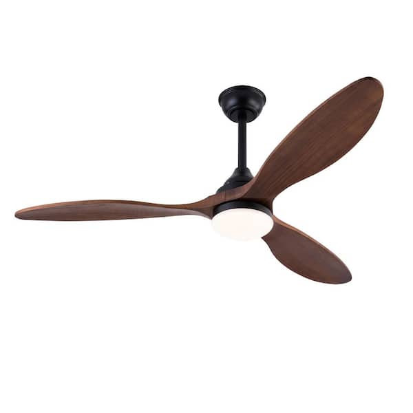 52 in. Smart Black Solid Wood Brown Blades 2-Size Downrod Mount Standard Ceiling Fan with 3-Color Dimmable LED Light