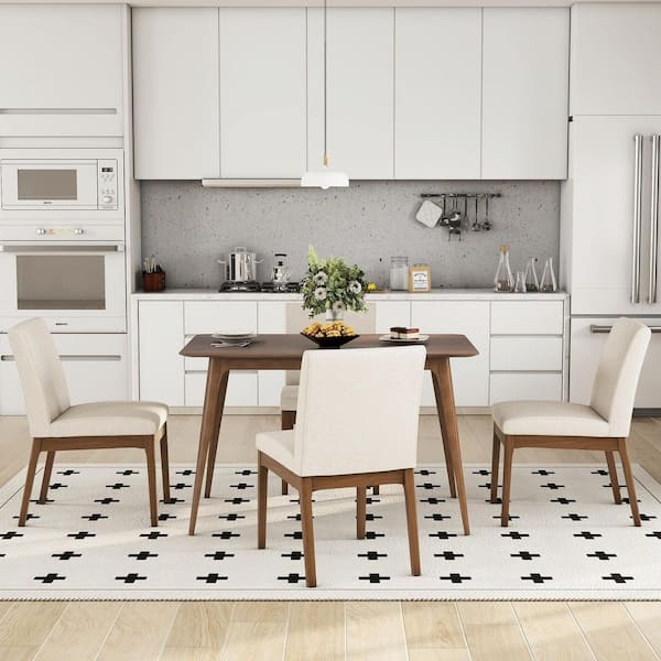 5-Piece Rectangle Light Beige/Walnut Wood Top Dining Room Set Seats 4