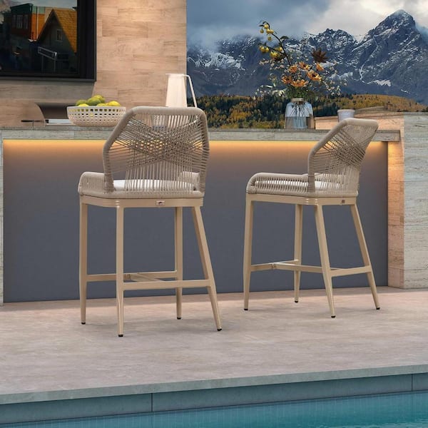 PURPLE LEAF Modern Aluminum Twill Wicker Woven Counter Height Outdoor Bar Stool with Back and Sunbrella White Cushion (2-Pack)