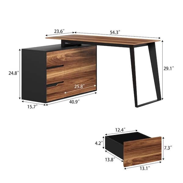 FUFU&GAGA 54.3 in. Rectangular Black Wood 3-Drawer Desk with 2