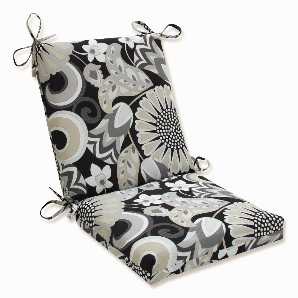 Black and White Floral Polyester Chair Cushion with Ties
