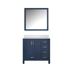 Jacques 36 in. W x 22 in. D Left Offset Navy Blue Bath Vanity, White Quartz Top, and 34 in. Mirror