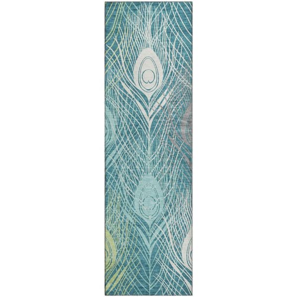 Mayfield Premium Machine Washable Abstract AMF2273 Teal 2 ft. x 7 ft. Runner Rug