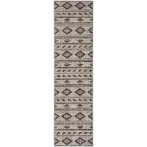 Courtyard Gray/Black 2 ft. x 10 ft. Striped Indoor/Outdoor Patio  Runner Rug