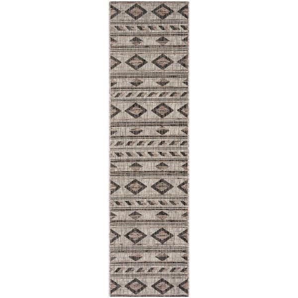 Courtyard Gray/Black 2 ft. x 16 ft. Striped Diamond Geometric Indoor/Outdoor Runner Rug